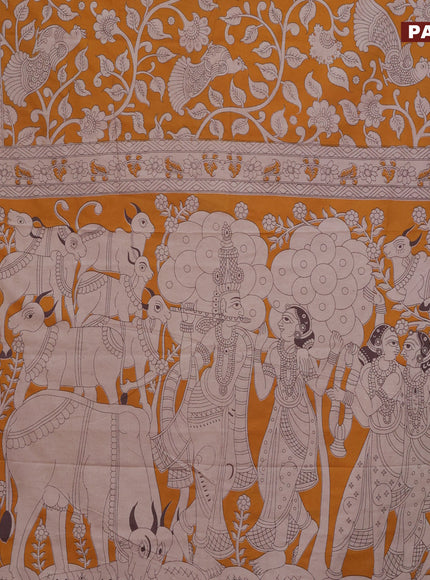 Kalamkari cotton saree mango yellow and beige with allover prints and printed border