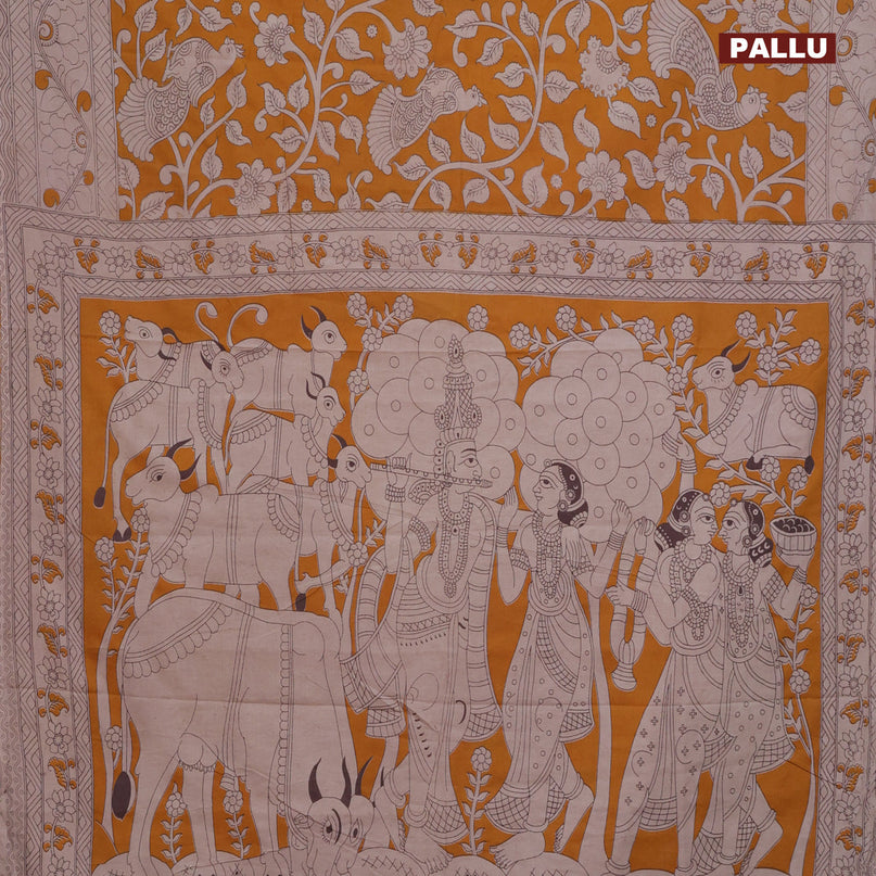 Kalamkari cotton saree mango yellow and beige with allover prints and printed border