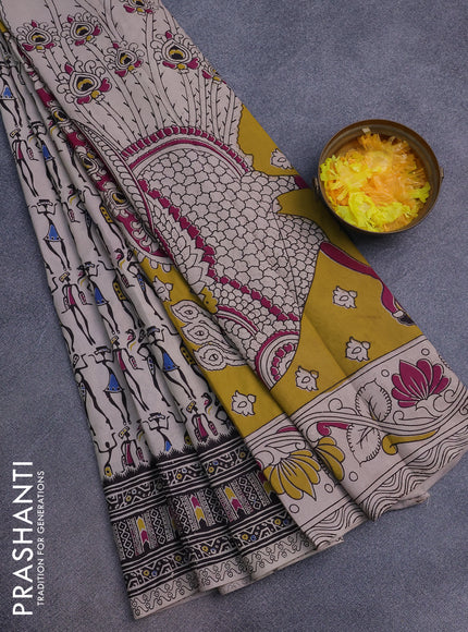 Kalamkari cotton saree beige and black with allover warli prints and printed border