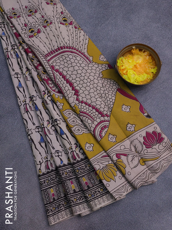 Kalamkari cotton saree beige and black with allover warli prints and printed border