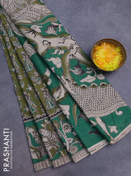 Kalamkari cotton saree sap green and green with allover butta prints and printed border