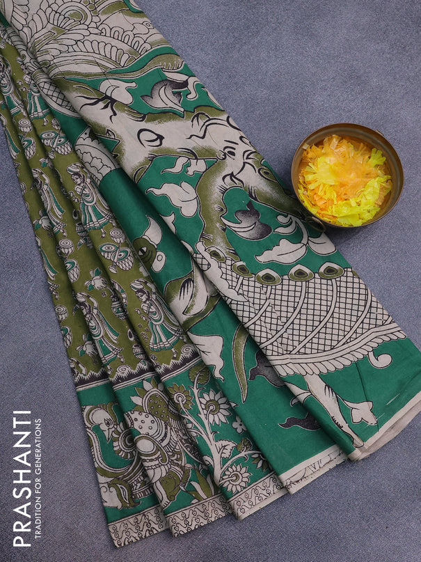 Kalamkari cotton saree sap green and green with allover butta prints and printed border