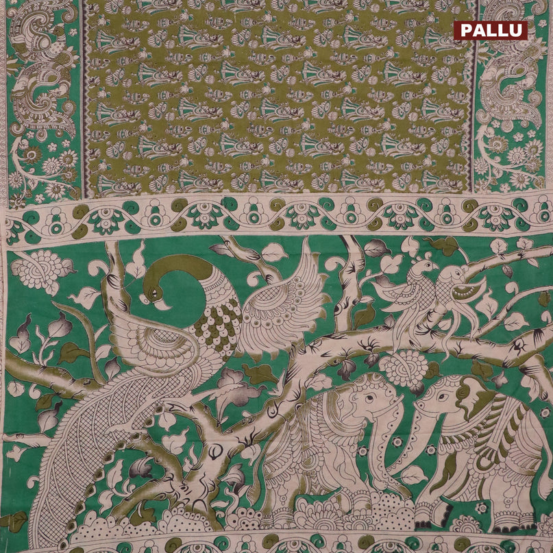 Kalamkari cotton saree sap green and green with allover butta prints and printed border