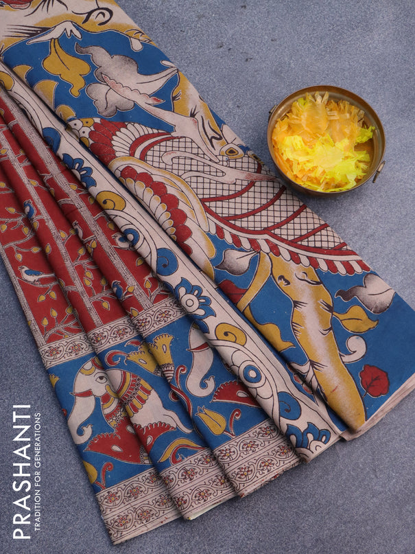 Kalamkari cotton saree maroon and cs blue with allover prints and printed border