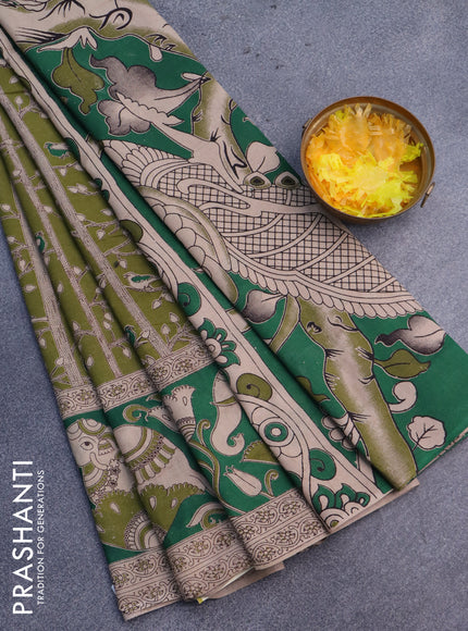 Kalamkari cotton saree mehendi green and green with allover prints and printed border