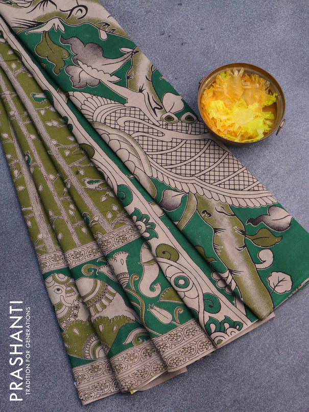 Kalamkari cotton saree mehendi green and green with allover prints and printed border