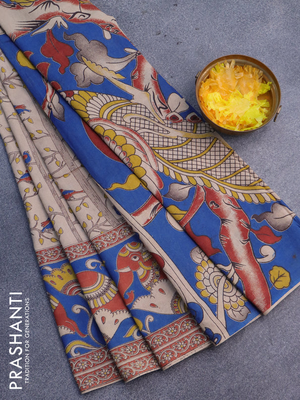 Kalamkari cotton saree beige and blue with allover prints and printed border