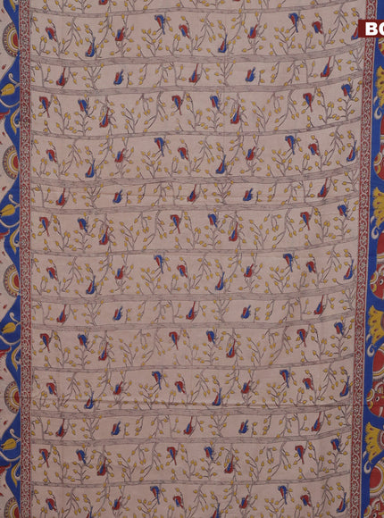 Kalamkari cotton saree beige and blue with allover prints and printed border