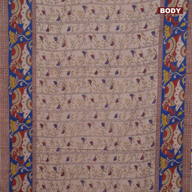 Kalamkari cotton saree beige and blue with allover prints and printed border