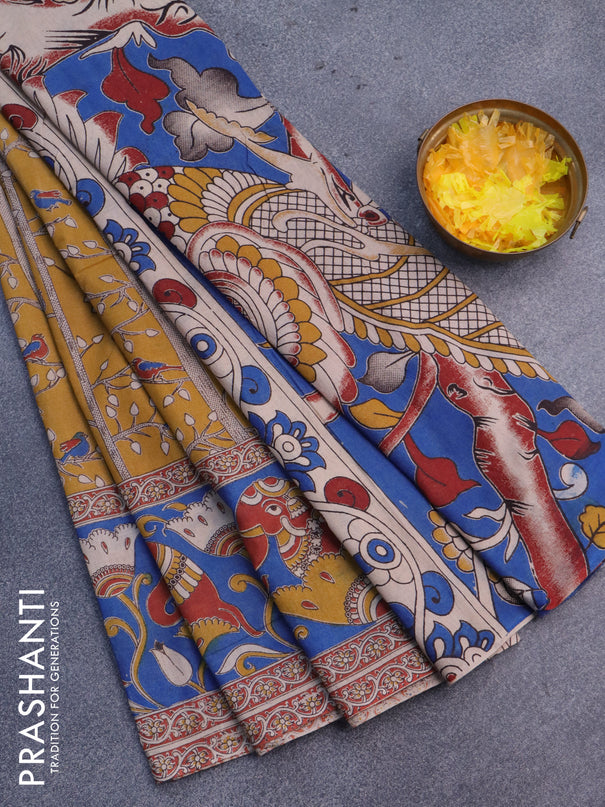 Kalamkari cotton saree mustard shade and blue with allover prints and printed border