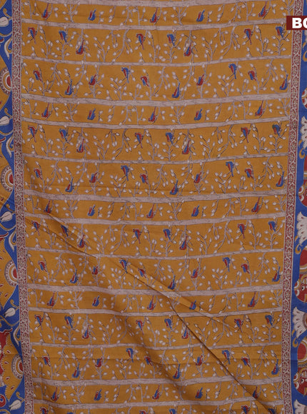 Kalamkari cotton saree mustard shade and blue with allover prints and printed border