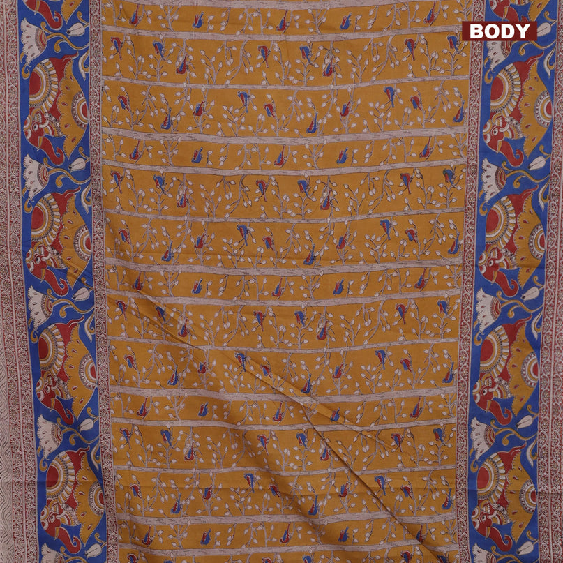 Kalamkari cotton saree mustard shade and blue with allover prints and printed border