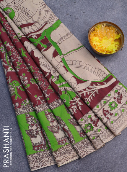 Kalamkari cotton saree maroon and light green with allover warli prints and printed border