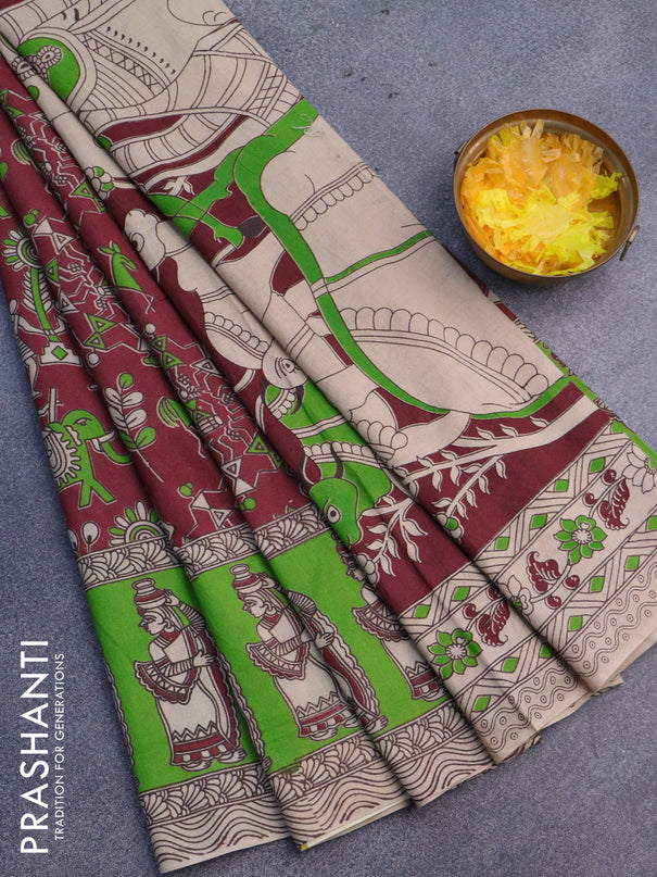 Kalamkari cotton saree maroon and light green with allover warli prints and printed border