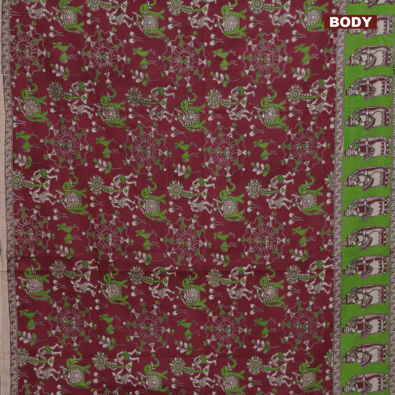 Kalamkari cotton saree maroon and light green with allover warli prints and printed border