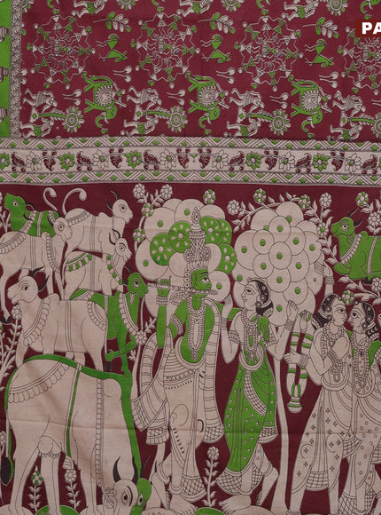 Kalamkari cotton saree maroon and light green with allover warli prints and printed border