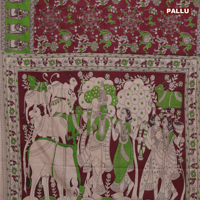 Kalamkari cotton saree maroon and light green with allover warli prints and printed border