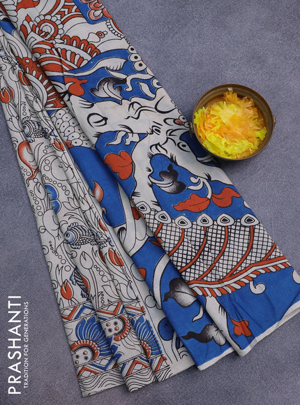 Kalamkari cotton saree beige and blue with allover pichwai prints and printed border