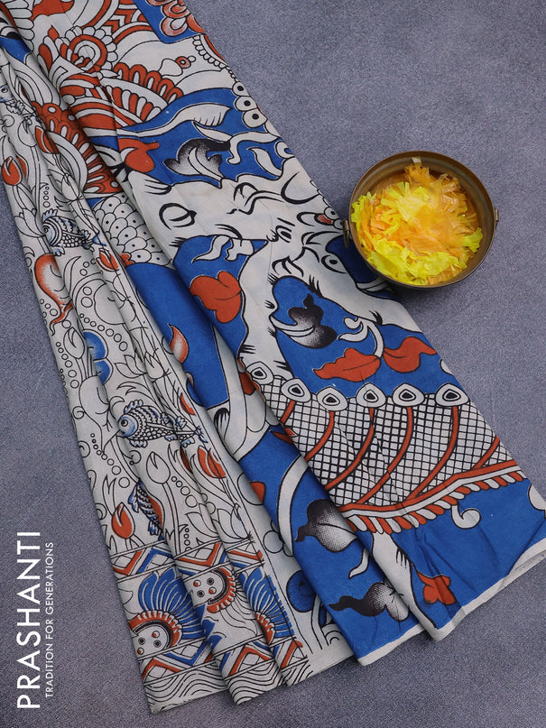 Kalamkari cotton saree beige and blue with allover pichwai prints and printed border