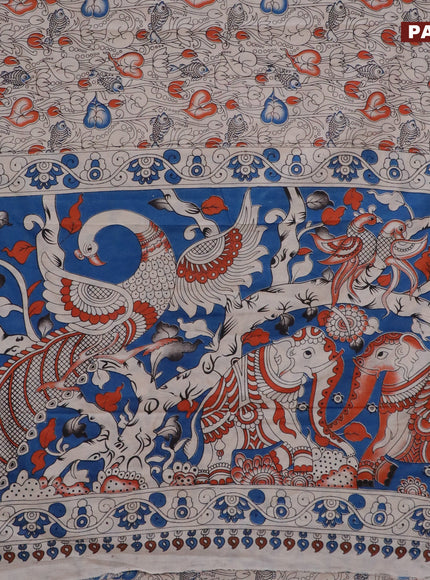 Kalamkari cotton saree beige and blue with allover pichwai prints and printed border