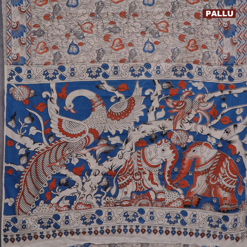 Kalamkari cotton saree beige and blue with allover pichwai prints and printed border