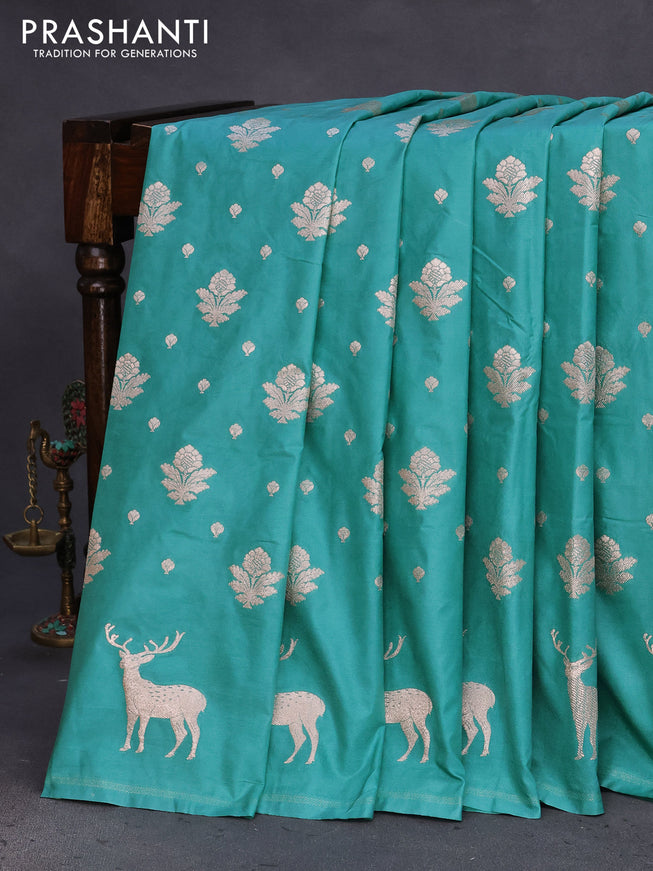 Banarasi semi katan silk saree teal blue with zari woven floral buttas and zari woven butta border