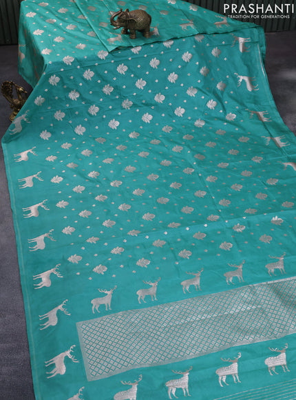 Banarasi semi katan silk saree teal blue with zari woven floral buttas and zari woven butta border