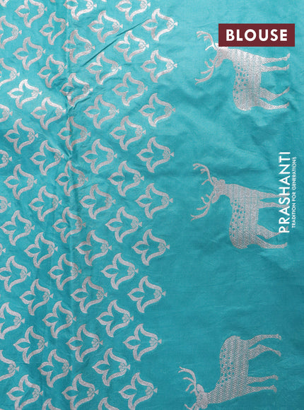 Banarasi semi katan silk saree teal blue with zari woven floral buttas and zari woven butta border