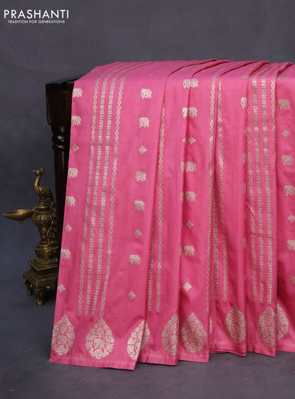 Banarasi semi katan silk saree pink with allover zari weaves and zari woven butta border