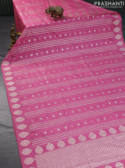 Banarasi semi katan silk saree pink with allover zari weaves and zari woven butta border