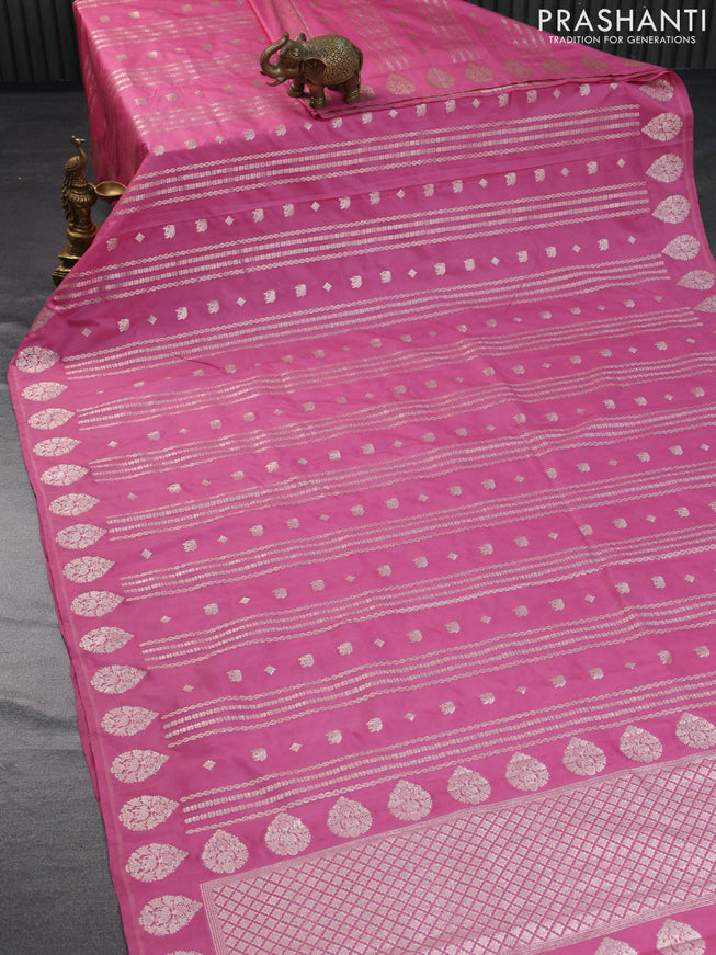 Banarasi semi katan silk saree pink with allover zari weaves and zari woven butta border