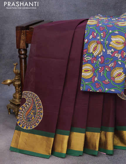 Silk cotton saree green and coffee brown with kalamkari applique work and zari woven border & kalamkari blouse