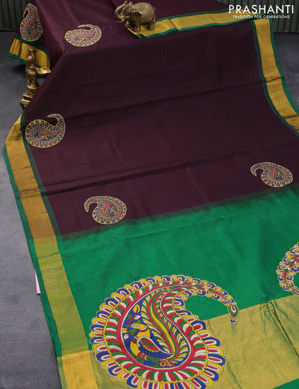 Silk cotton saree green and coffee brown with kalamkari applique work and zari woven border & kalamkari blouse