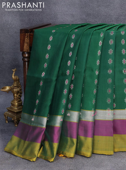 Pure uppada silk saree green and mustard yellow with silver zari woven floral buttas and silver zari woven simple border