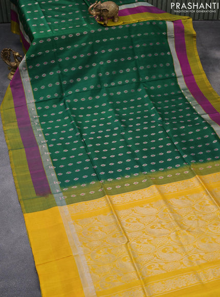 Pure uppada silk saree green and mustard yellow with silver zari woven floral buttas and silver zari woven simple border