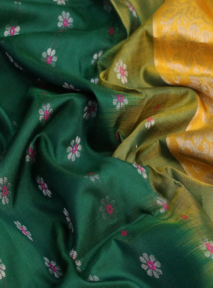 Pure uppada silk saree green and mustard yellow with silver zari woven floral buttas and silver zari woven simple border