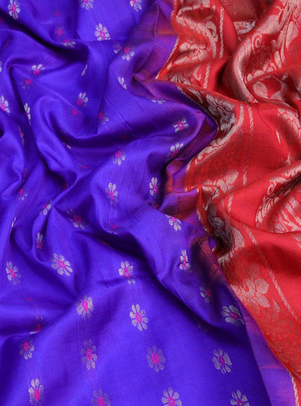 Pure uppada silk saree blue and red with silver zari woven floral buttas and silver zari woven simple border