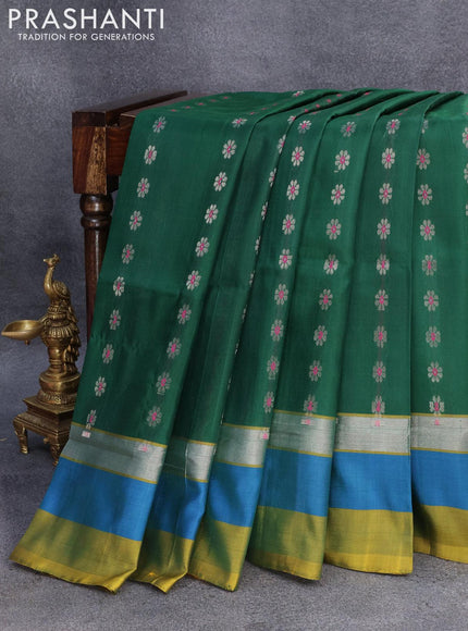 Pure uppada silk saree green and mehendi green with silver zari woven floral buttas and silver zari woven simple border