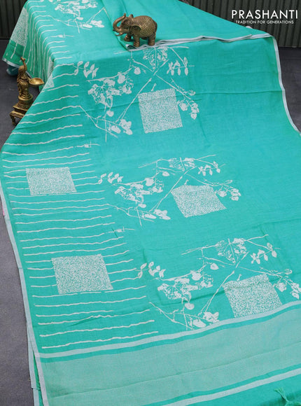 Pure linen saree teal blue with allover stripes pattern and silver zari woven piping border