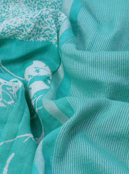 Pure linen saree teal blue with allover stripes pattern and silver zari woven piping border