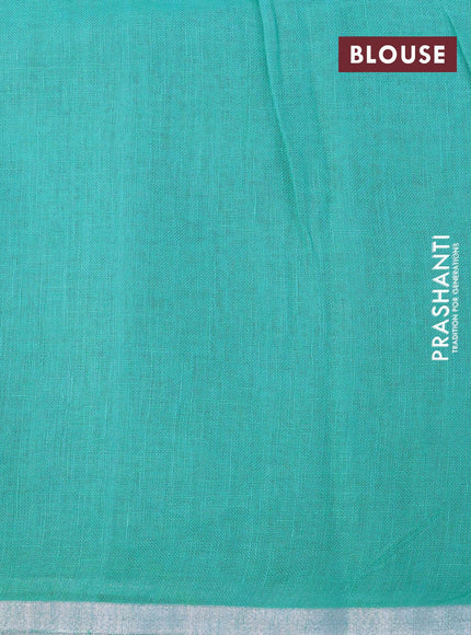 Pure linen saree teal blue with allover stripes pattern and silver zari woven piping border