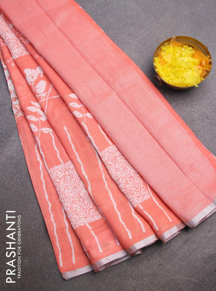 Pure linen saree orange with allover stripes pattern and silver zari woven piping border