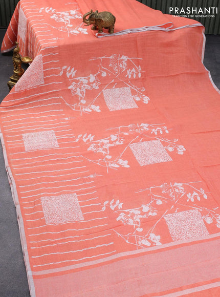 Pure linen saree orange with allover stripes pattern and silver zari woven piping border