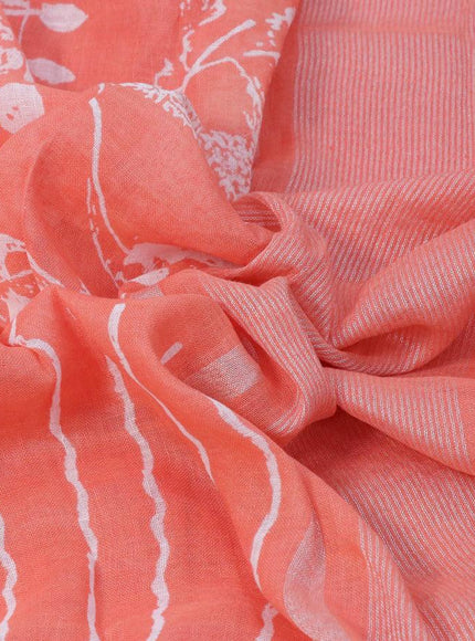 Pure linen saree orange with allover stripes pattern and silver zari woven piping border