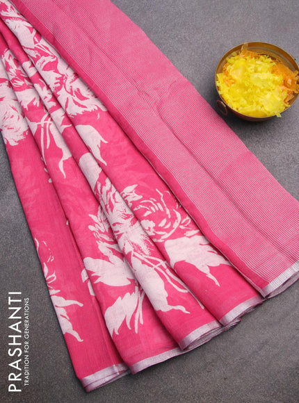 Pure linen saree light pink with allover floral prints and silver zari woven piping border