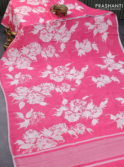 Pure linen saree light pink with allover floral prints and silver zari woven piping border