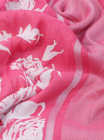 Pure linen saree light pink with allover floral prints and silver zari woven piping border