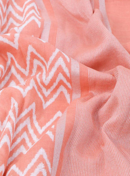 Pure linen saree peach orange with allover zig zag prints and silver zari woven piping border