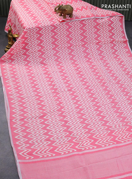 Pure linen saree light pink with allover zig zag prints and silver zari woven piping border