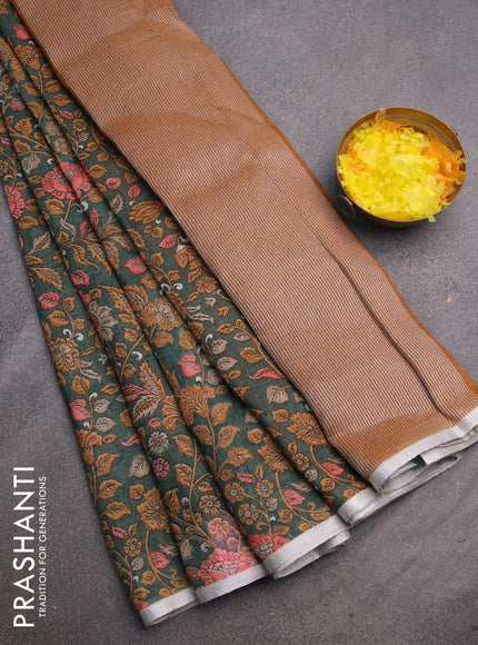 Pure linen saree sap green with allover kalamkari prints and silver zari woven piping border